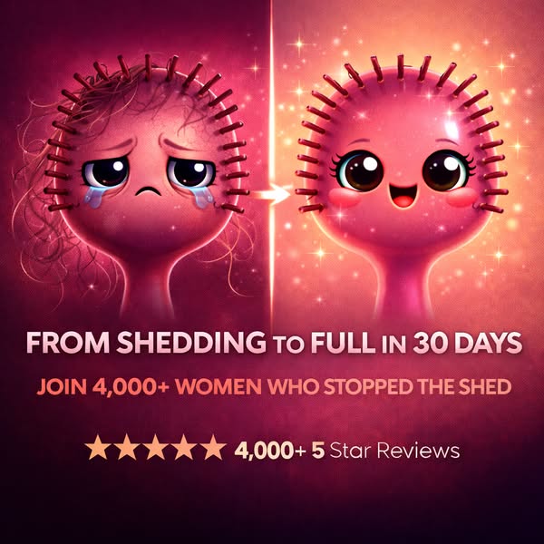 The image ad shows a before and after of a pink cartoon hairbrush character. The left side shows the hairbrush character