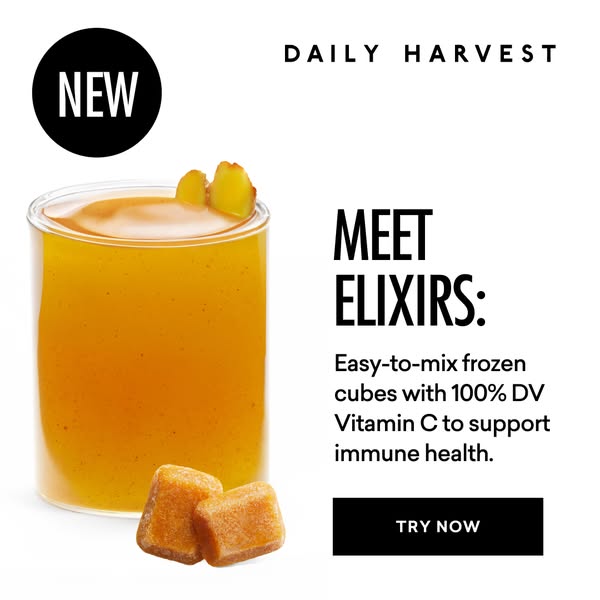 This image ad by Daily Harvest showcases their Elixir product, highlighting the convenience of the easy-to-mix frozen cu