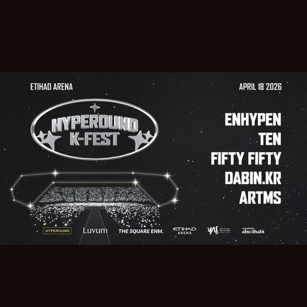 This ad promotes the Hyperound K-Fest music festival, taking place at Etihad Arena on April 18, 2026, and featuring seve