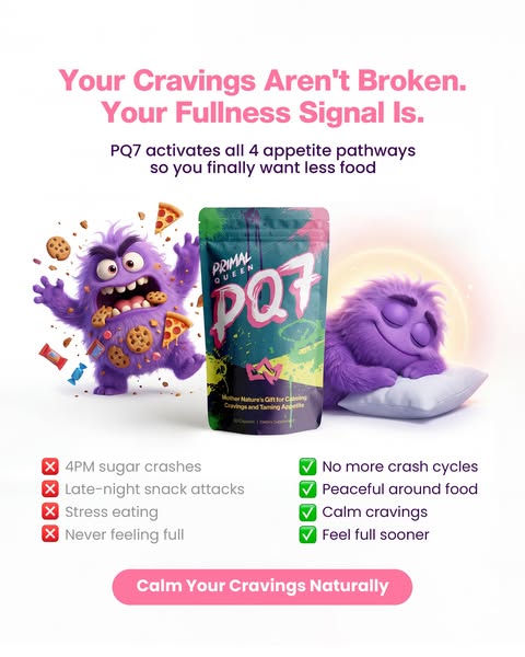 This ad presents Primal Queen's PQ7 as a natural solution to curb cravings and promote feelings of fullness, address