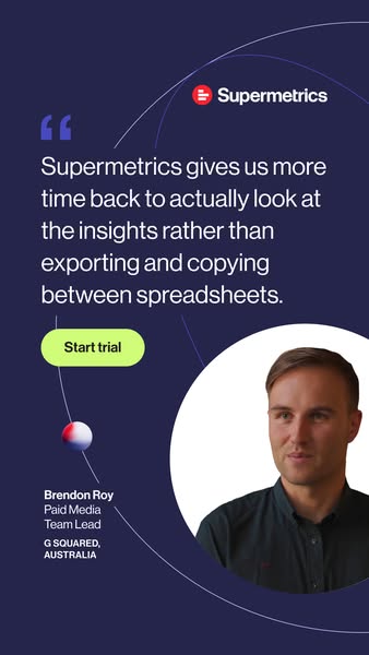 The ad highlights the benefits of using Supermetrics to save time by avoiding manual data exporting and copying between 