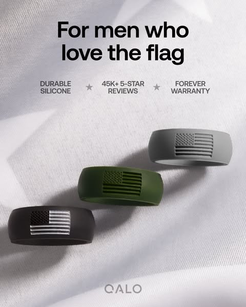 This image ad for QALO targets men who love the flag and showcases the brand's durable silicone rings. It highlights