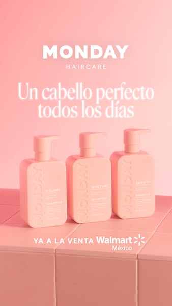 Ad for MONDAY haircare showing three shampoo bottles in a row.