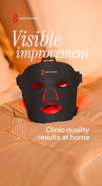 This ad features a Bon Charge light therapy mask placed on a bed. The ad's headline focuses on visible improvement f