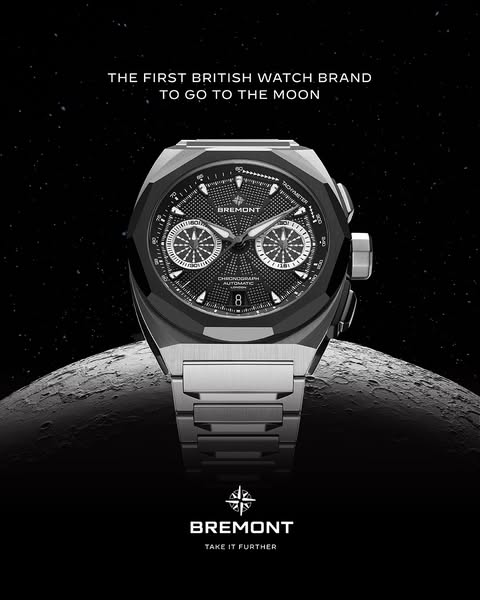 A monochrome advertisement for Bremont, a British watch brand that positions itself as the first to go to the moon. The 