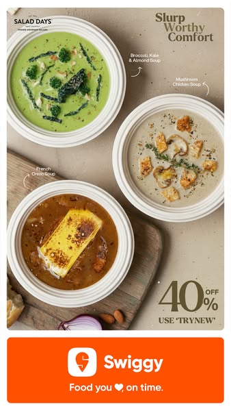 This image ad for Salad Days promotes their soups, offering 40% off with the code 'TRYNEW'. The ad features thre
