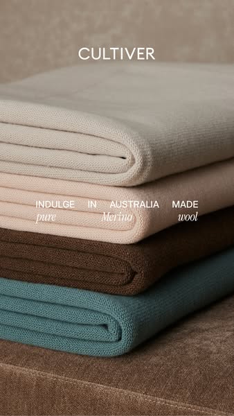 An image ad for Cultiver brand wool products. The ad showcases a stack of folded wool blankets in different colors. The 