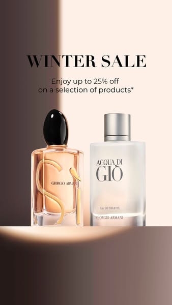 This image ad features two Giorgio Armani fragrances, promoting a Winter Sale with up to 25% off on selected products.