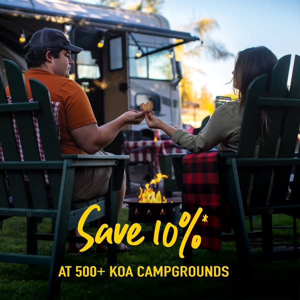 This image ad promotes KOA campgrounds by offering a 10% discount to prospective campers. The visual depicts a couple en