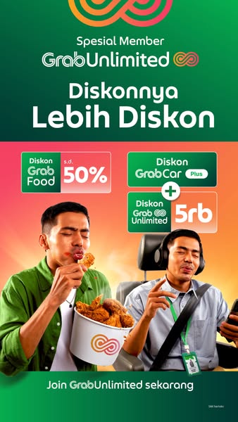 This image ad for GrabUnlimited features a man enjoying GrabFood and GrabCar services, highlighting the discounts availa