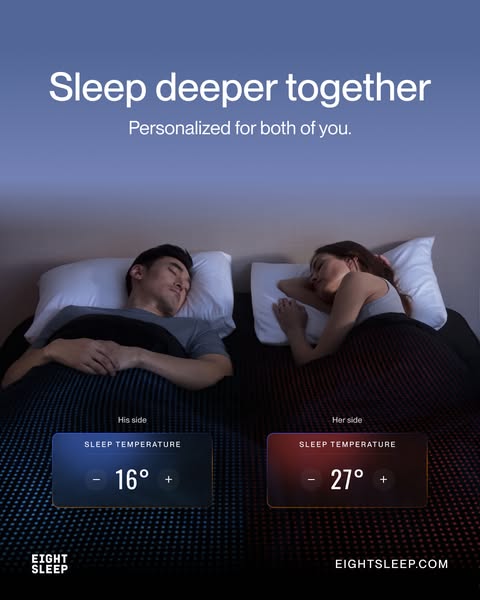 This ad for Eight Sleep features a sleeping couple and highlights the products unique ability to personalize the sleep t