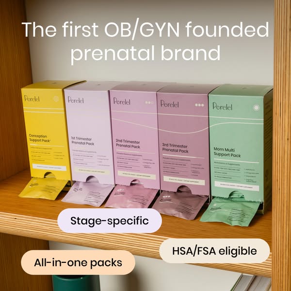 This ad showcases the Perelel brand of prenatal vitamins, highlighting their stage-specific packs and all-in-one conveni