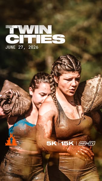 This image ad promotes the Twin Cities 5K | 15K | Infinity mud run challenge event taking place on June 27, 2026.