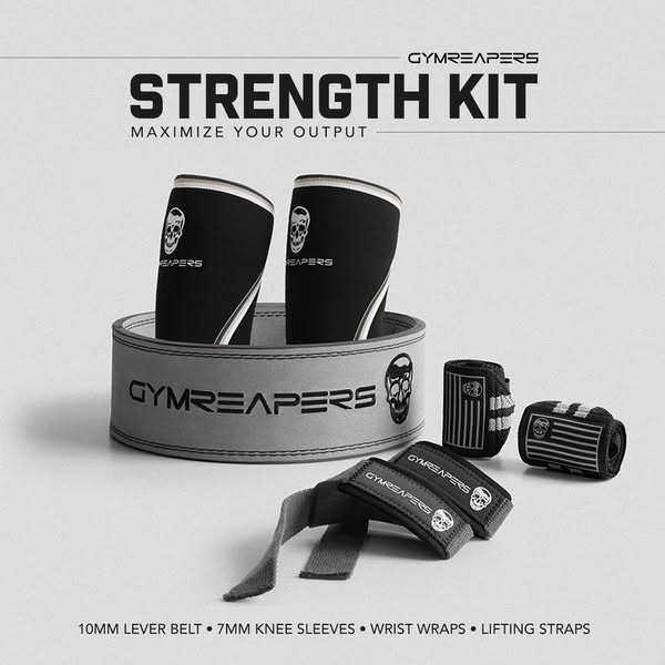 This ad showcases the Gymreapers Strength Kit, which includes a lever belt, knee sleeves, wrist wraps, and lifting strap