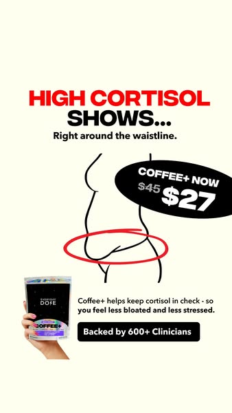 This image ad focuses on the negative effects of high cortisol on the body. It highlights the product Coffee+ as a solut