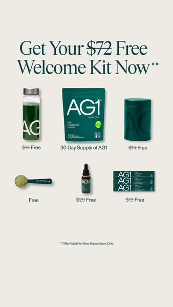 This ad features the AG1 product as a welcome kit with individual product benefits and descriptions.