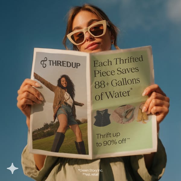 This image ad for ThredUp highlights the environmental benefits of buying secondhand clothing by showing a woman reading
