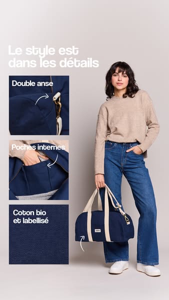 This ad showcases the details of the brand's duffel bag. The ad points out the double handles, internal pockets, and