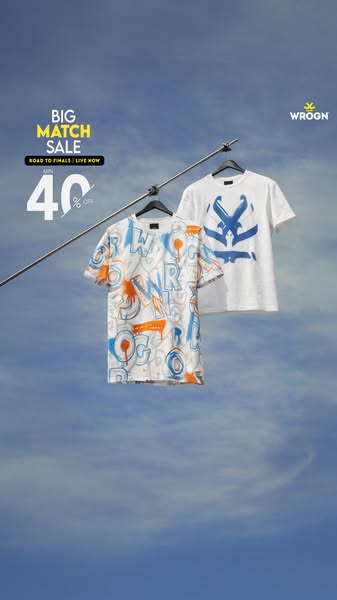 This ad is promoting a sale event for WROGN clothing. It shows two t-shirts hanging from metal poles against a backdrop 
