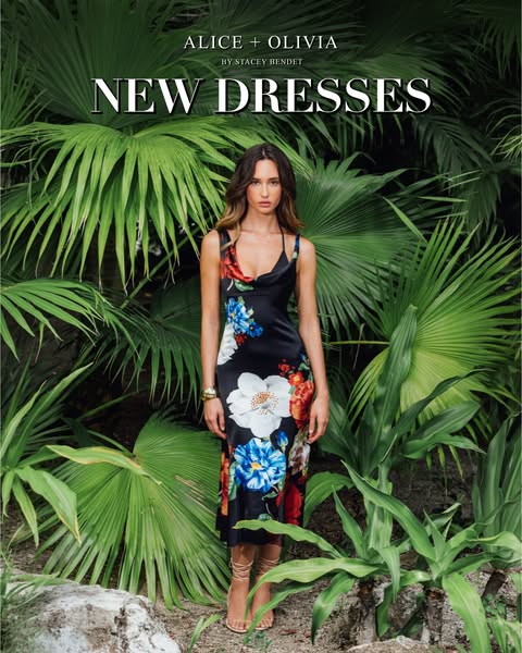 This image ad for Alice + Olivia features a woman in a floral dress posing in front of a tropical backdrop, promoting th