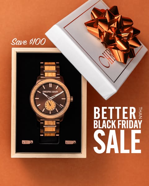 This ad showcases an Original Grain wooden watch in its packaging, highlighting a limited-time offer that is better than