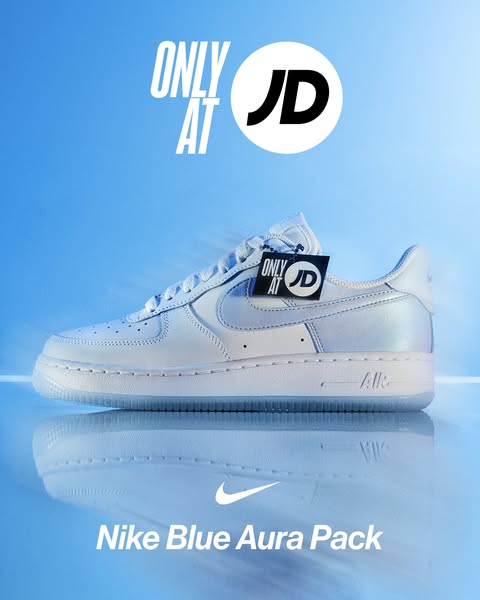 This ad showcases the Nike Blue Aura Pack, available exclusively at JD Sports. The visual focus is on a single Air Force