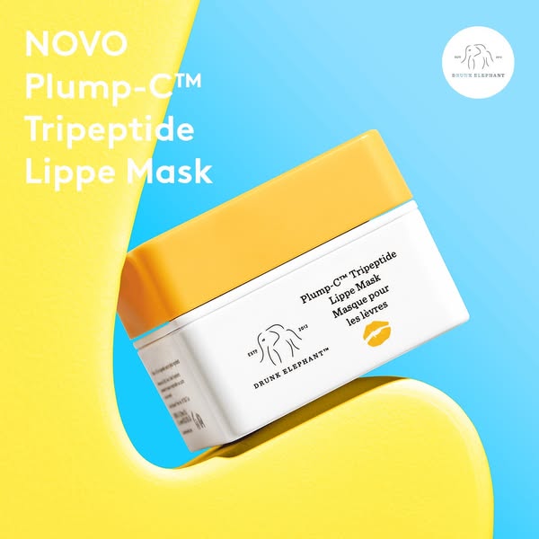 This image ad promotes Drunk Elephant's Plump-C Tripeptide Lippe Mask. The ad features a close-up of the product aga