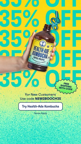 This ad for Health-Ade Kombucha promotes a 35% off discount for new customers who use the code NEW2BOOCH35. It features 
