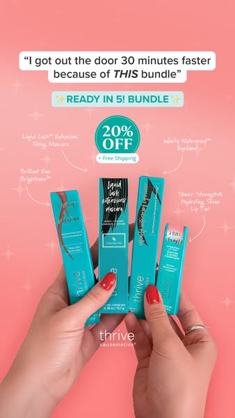 This image ad is for Thrive Causemetics makeup bundle that includes four different cosmetic products to help users get &