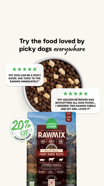 This Open Farm ad uses customer quotes to entice dog owners to try their brand of food. A first-time customer offer adds
