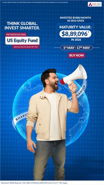 This is an image ad for Axis Max Life Insurance US Equity Fund. The ad aims to encourage viewers to think globally and i