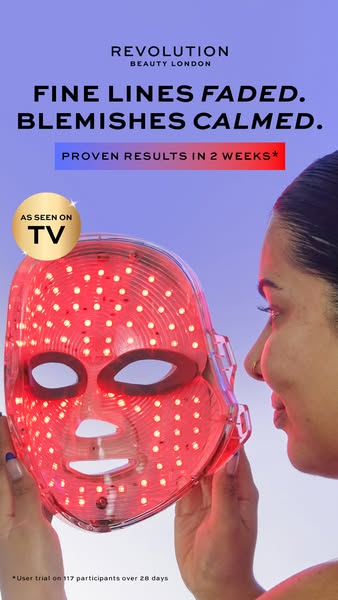 This image ad for Revolution Beauty London promotes an LED therapy mask that claims to fade fine lines and calm blemishe