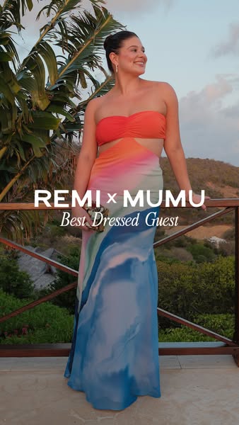 An ad for REMI x MUMU featuring a woman standing on a patio in front of a mountain and palm trees wearing a colorful dre