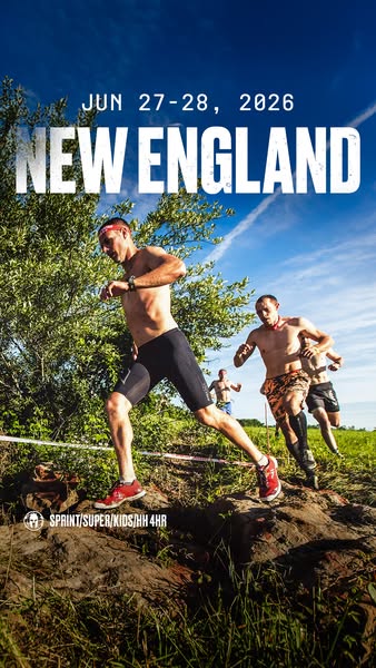 This image ad promotes the Spartan New England race scheduled for June 27-28, 2026. It features a group of runners navig