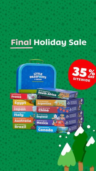 This ad for Little Passports features a stack of the brand's World Adventures subscription boxes, along with a blue 