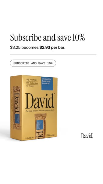 This ad for David protein bars promotes a subscription offer. The creative features a box of Chocolate Chip Cookie Dough