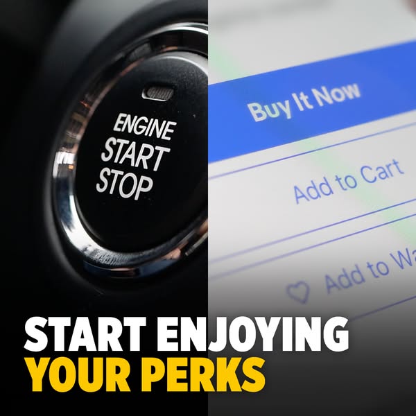 This ad uses a split-screen format. On the left, the image shows a car's push-to-start button. On the right, the ima