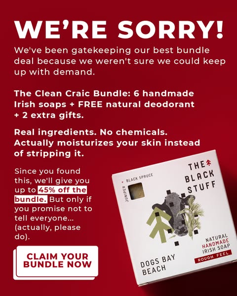 This image ad is for The Clean Craic Bundle by The Black Stuff. It uses an apology headline to get attention and informs