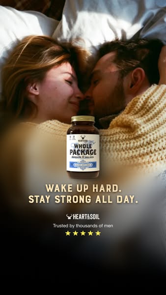 This image ad for Heart & Soil's Whole Package supplement features a couple laying in bed with the supplement bo