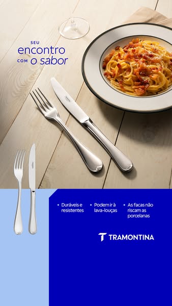 This ad showcases Tramontina cutlery alongside a plate of pasta. The ad highlights the durability, dishwasher-safe quali