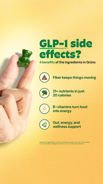 This ad highlights the benefits of Grüns vitamin gummies, focusing on fiber, nutrients, energy, and overall wellness sup