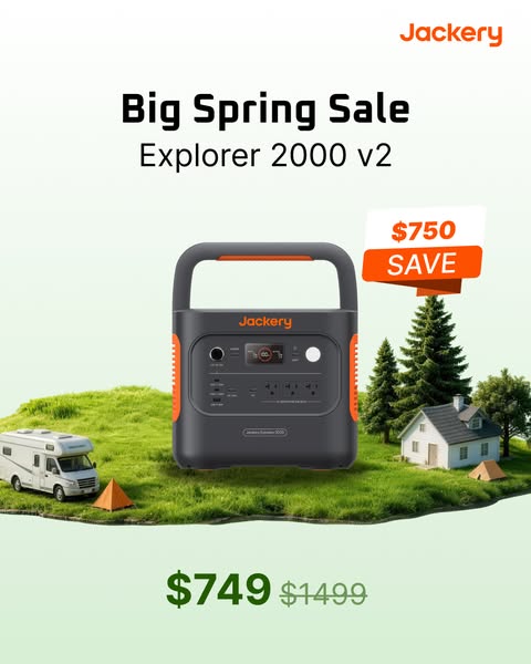 This ad features a Jackery Explorer 2000 v2 portable power station set in an outdoor recreational setting, highlighting 