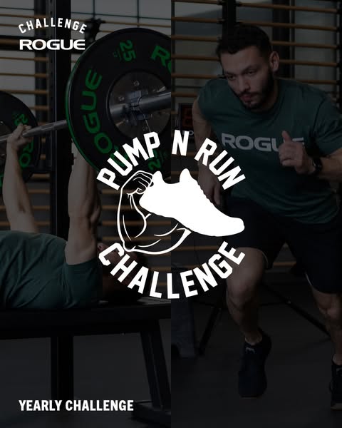 This image ad promotes the Rogue "Pump N Run" yearly challenge. It features a split-screen visual of a person 