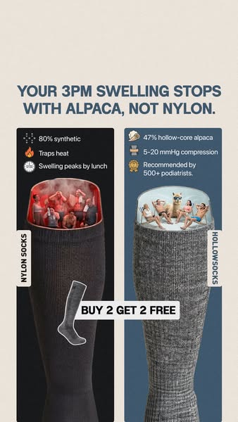 This ad is comparing two types of socks, nylon and alpaca. The ad provides evidence that nylon socks trap heat and cause