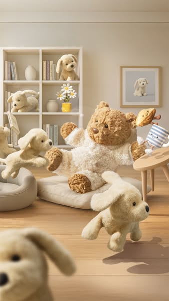 This Meta image ad depicts a teddy bear and several stuffed puppies floating in a room. The ad aims to create a whimsica