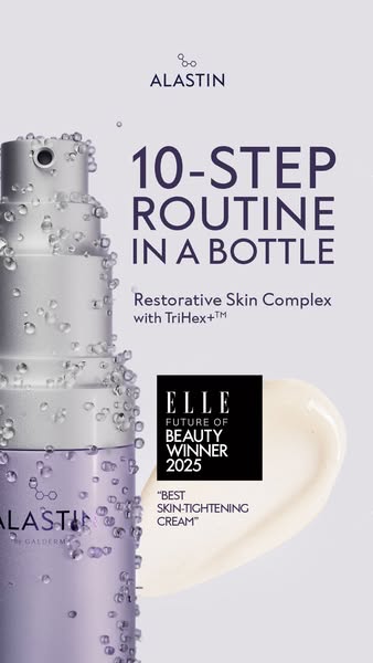This ad promotes Alastin's skin restorative complex in a bottle, highlighting its award-winning status and skin-tigh