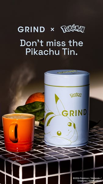 This ad for Grind promotes a limited-edition Pikachu-themed coffee tin, created in collaboration with Pokémon. The ad us