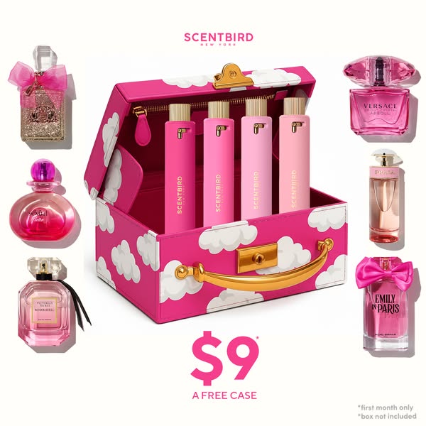 A product ad for Scentbird featuring a variety of fragrances in a suitcase-style case with an offer of a free case for $