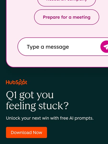 The image ad highlights HubSpot's AI prompts as a solution for feeling stuck in the first quarter of the year, encou