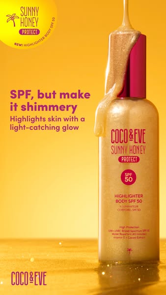This image promotes Coco & Eve's Sunny Honey Protect Highlighter Body SPF 50, emphasizing both sun protection an